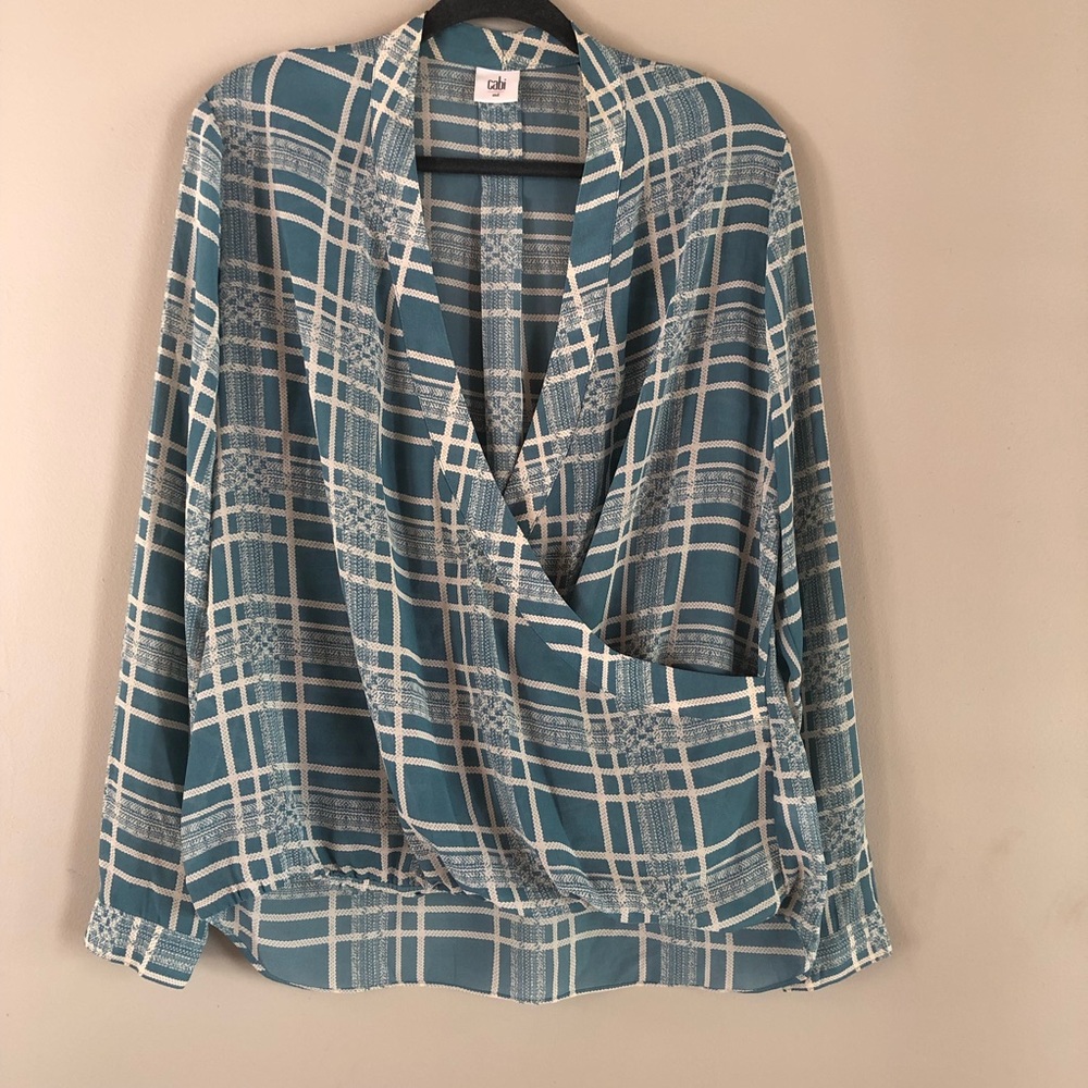 Cabi teal windowpane wrap blouse M 3068